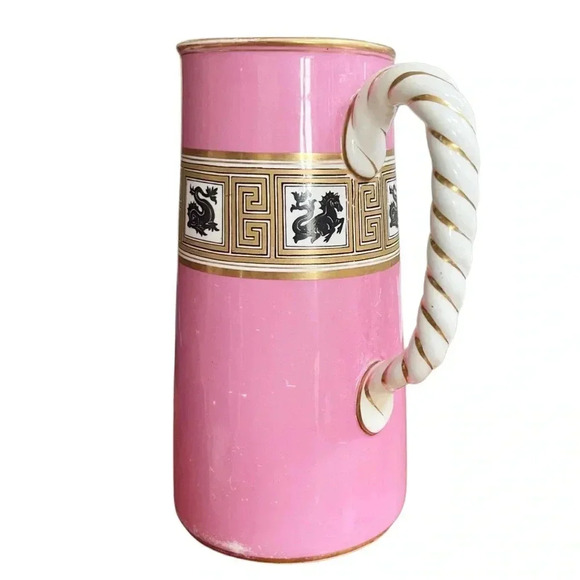 Vintage Pink Porcelain Creamer Pitcher, Rope Handle, Gold Greek Key Band - Picture 5 of 11